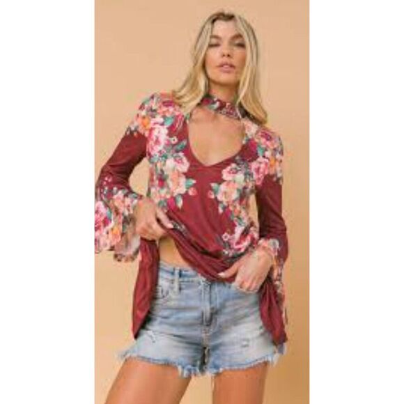 Nitt by Flying Tomato Burgundy Floral Blouse - Picture 1 of 4